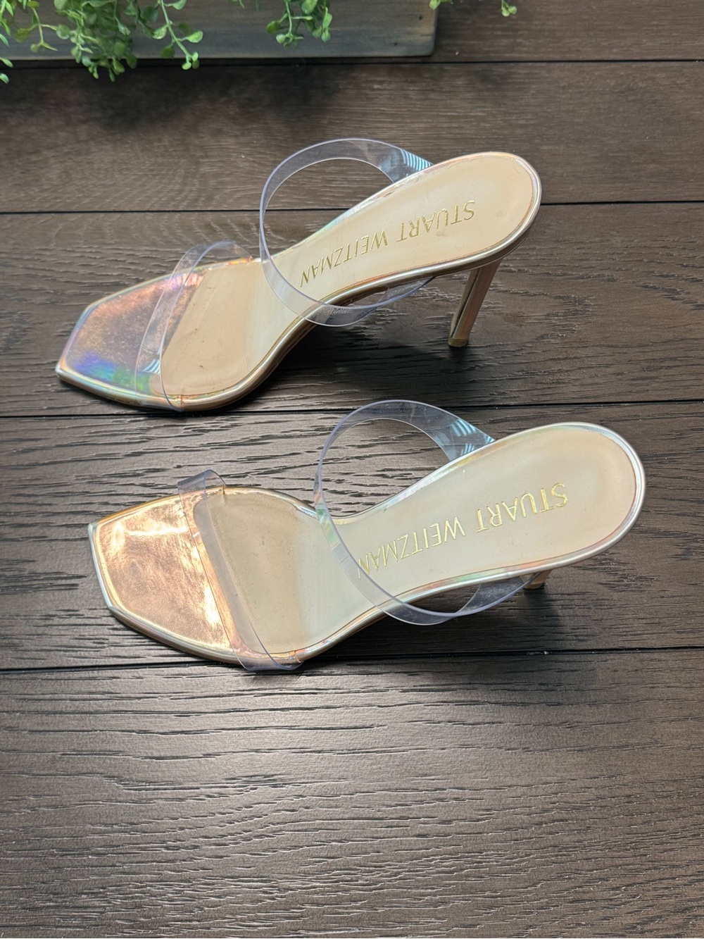Stuart Weitzman Iridescent Rose Gold Clear Strap Stiletto Sandals
